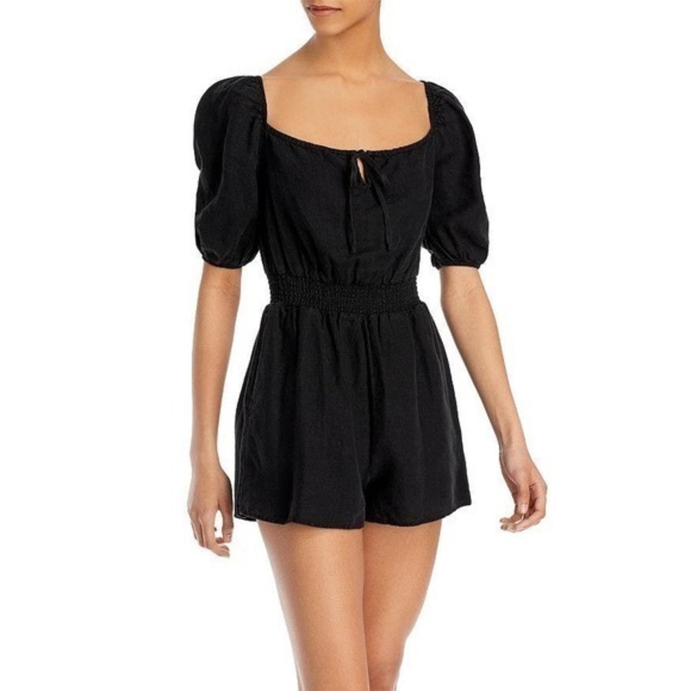 Bella Dahl Puff Sleeve Smocked Linen‎ Romper in Black Size Small